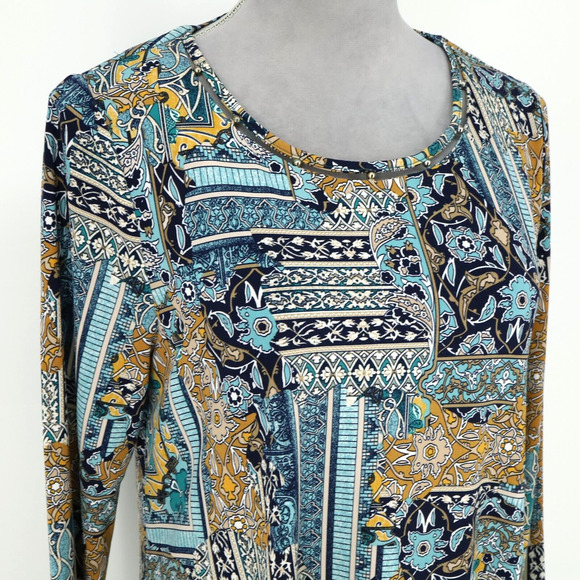 Chicos Top 0 Womens Small Blue Black Neck Beads Stretch Knit Blouse Tunic - Picture 10 of 14